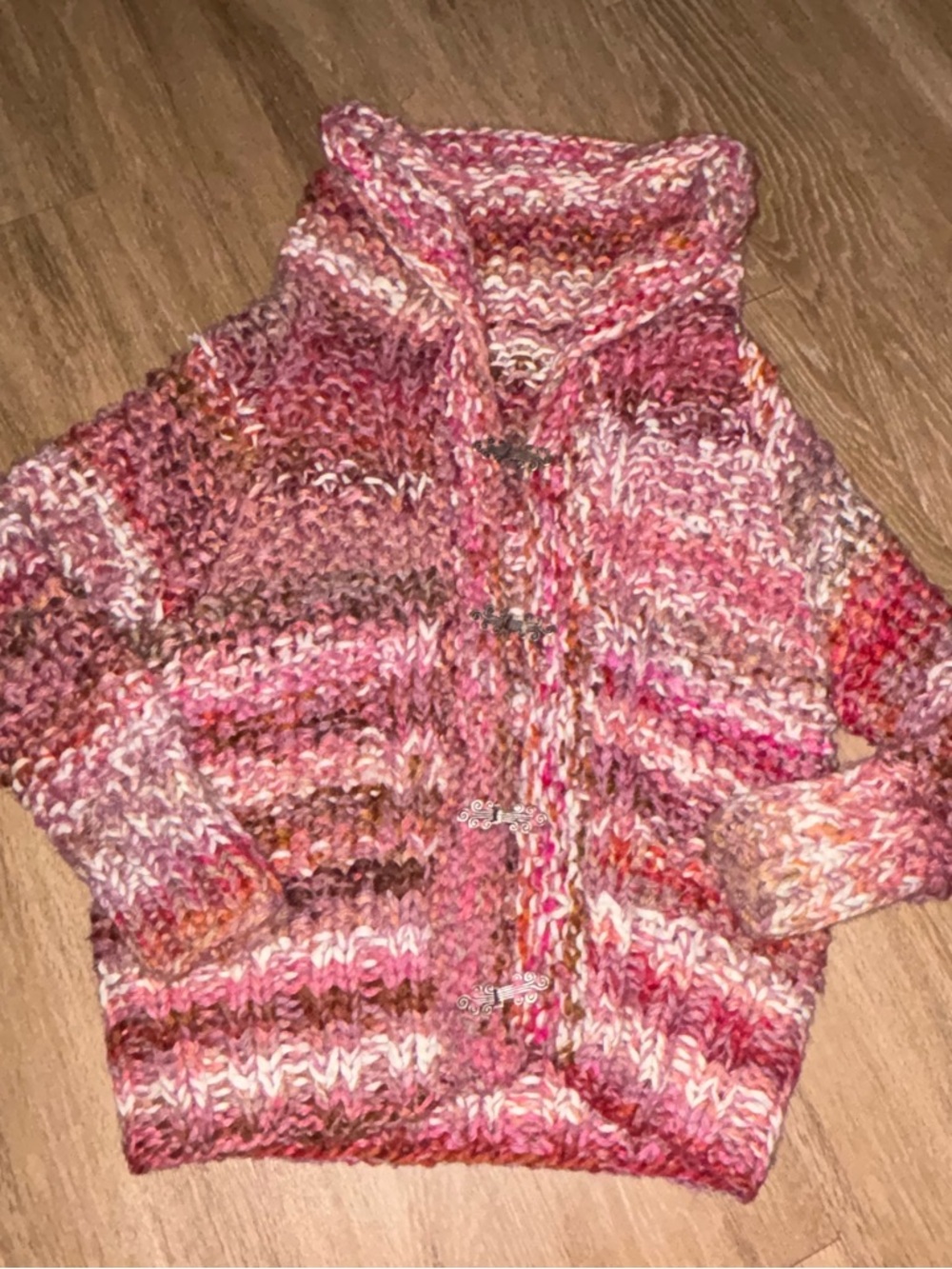 Hand Knit Chunky Cardigan Sweater Boho Toggle Pink Multi Cozy 22” P2P A96